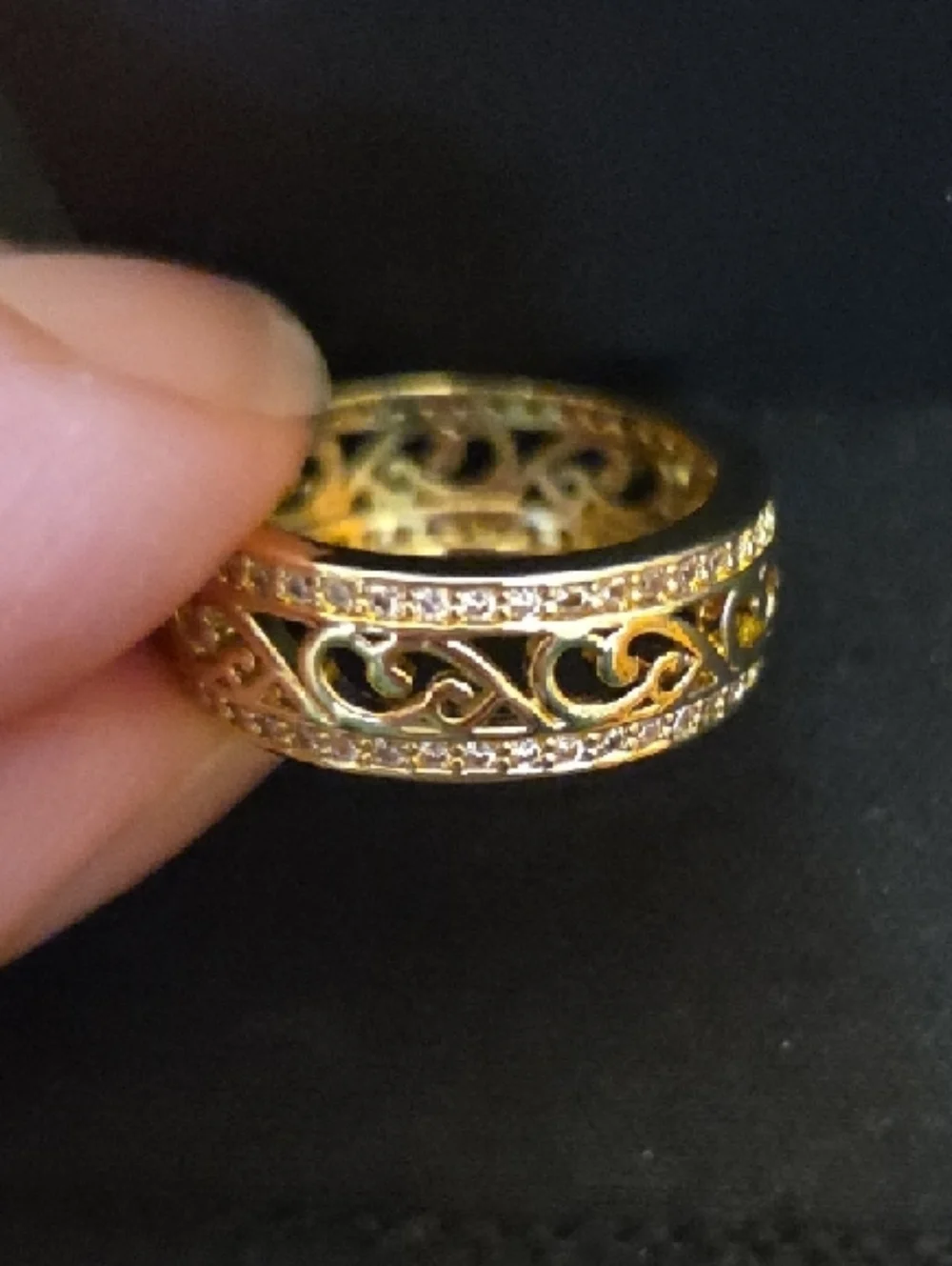 Gold Filigree Scroll Ring with Pavé Crystals - Women's Gold Band Size 6 NIB